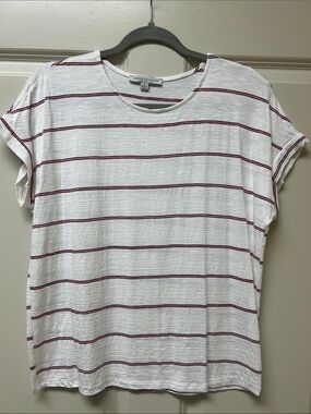 Green Envelope White Tee with Burgundy Stripes - Casual Short Sleeve Top